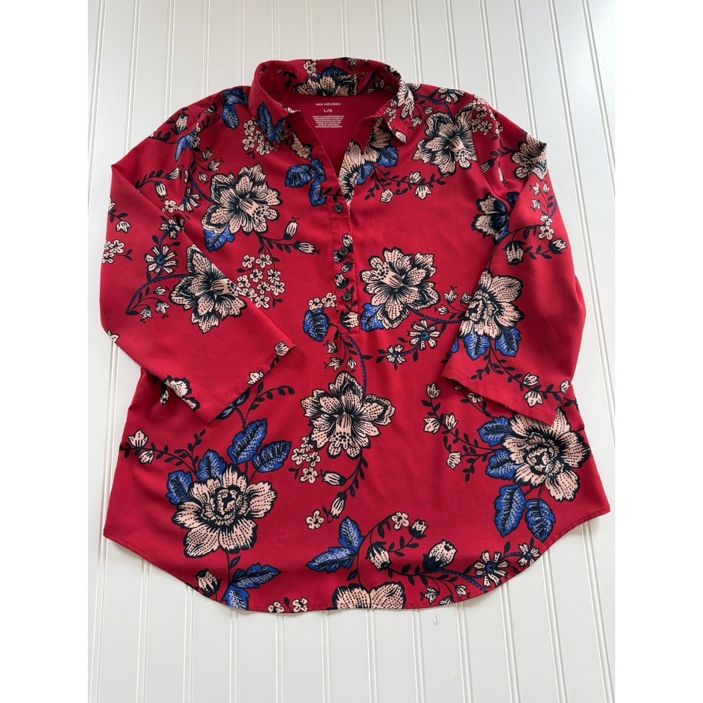 Van Heusen‎ Womens L Red Floral Blouse V Neck 3/4 Sleeve Lightweight Top